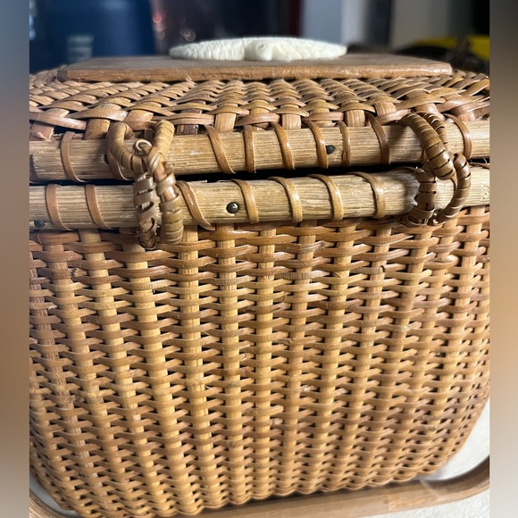 Vintage Nantucket Woven Basket Handbag w Seagull Bird Square Wooden Decor - Picture 9 of 10